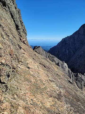 looking back at slabby traverse. appears much worse than it felt