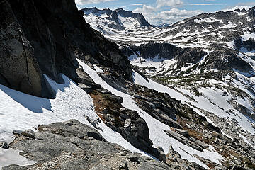 Heading down to Crystal Lake. Went below these snow patches in the foreground and then across gentler ones later on