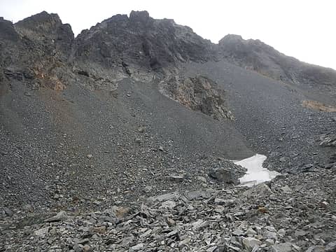 entrance to gully above talus on right