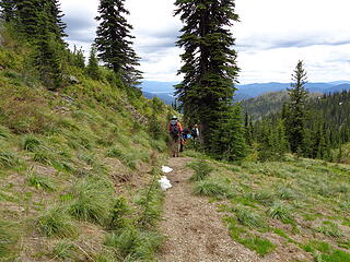 Headed back to camp after encountering the trail covered in snow. We logged about 5 miles of trail on each end of the loop. A WTA crew will go in during July to finish the rest.
