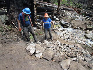 Gary and JB and tons of rocks carried in and placed by hand