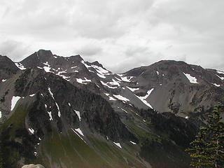 View from the notch above Cedar lake showing the Cameron Traverse basin, sidehill we had to work around, and far away the moraine and ridge to Cloudy Pass - about five miles away