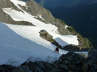 Sergio starting up the snow arete just above our bivy site.