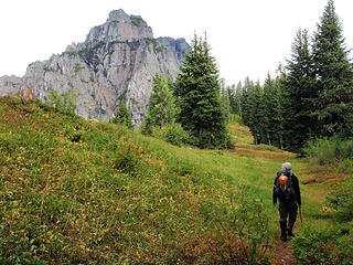 Here I'm heading up the trail. The north sub peak of White Chuck is visible here... Photo By Gimp