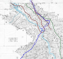Our route superimposed on the 1937 Pratt cruiser map. Our crossings were really close to the location of the big switchback of the NBTC logging RR