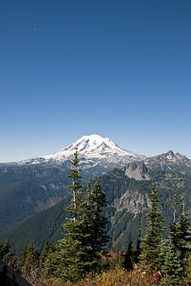 A vertical shot of Mt. Rainier with the moon high above.