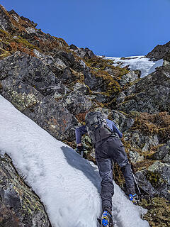 The first part of the ridge was the steepest, with a short 3rd class scramble up these rocks.