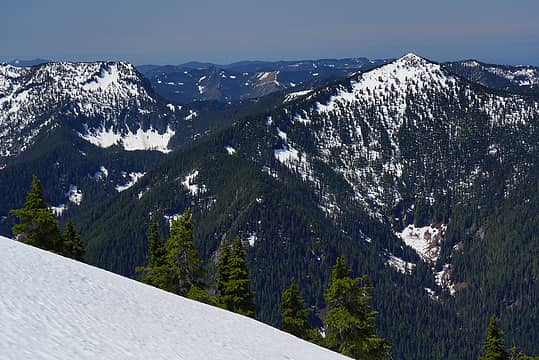 Left: Web Mountain. Right: Revolution Peak. Between the two is Thompson Lake (barely visible)
