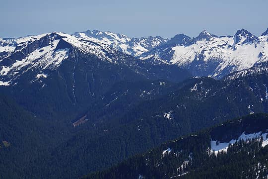 View up the Dingford Creek drainage towards Big Snow Mountain. Mt Daniel in the background