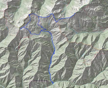 Track (blue) of Navaho Peak, Three Brothers, Earl Peak attempt (20 miles, 8600ft gain)