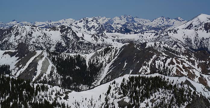 Much of the Alpine Lakes Wilderness is visible from Navaho Peak