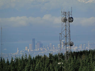 Downtown Seattle and Tower of West Tiger 2 from road on West Tiger 1.