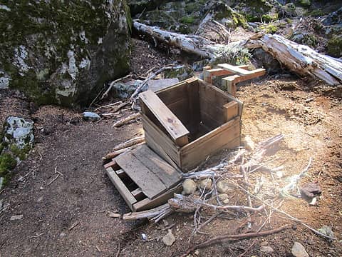 Weirdly destroyed box toilet at Spectacle Lake