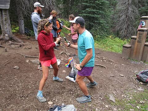 Victorious through-hikers celebrate with Champagne!