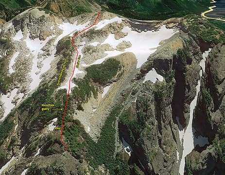 Google Earth view of the route down to the base of the climb
