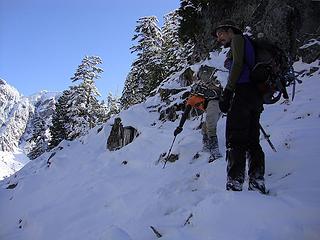 Mike and Gabriel on the slippery traverse above boulder lake