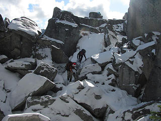Coming down the now slick rocks with some melting snow