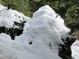 Snow on rock just below junction with old trail.