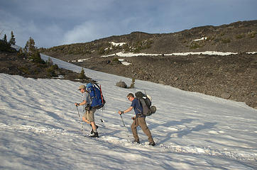 The low light making long shadows, hinting that we are starting to loose the day as we make our way up the snow fields.