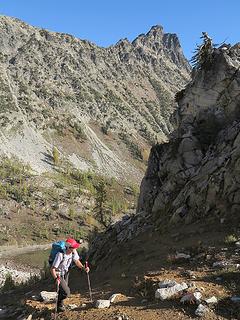 Dicey exiting the exit gully above Tarn 6250