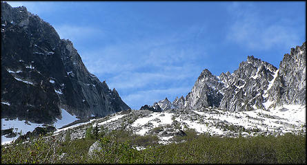 Dragontail & Colchuck Peaks, as seen from SW side of Colchuck Lake, 6.7.07.