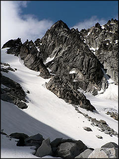Upper Colchuck Glacier and summit far right, 6.7.07.