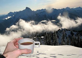 Summit tea with Sloan, Bedal, & Monte Cristo Peaks