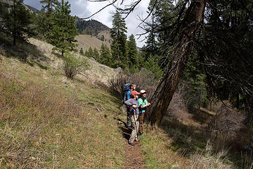 Hikers take a break along the West Fork Rapid River Trail, Seven Devils Mountains, Idaho.
