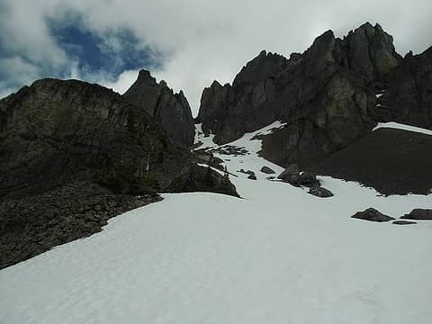 Finally looking up at the coulior from inside the upper Inner Constance-Warrior cirque/bowl