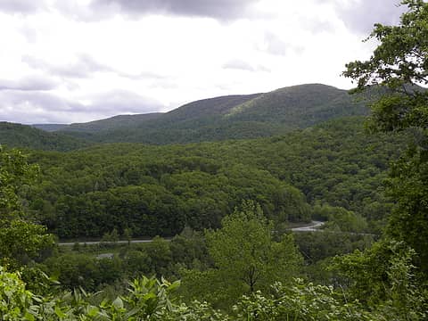 view of hill north of Otter Creek from mainstem road into Fernow Experimental Forest