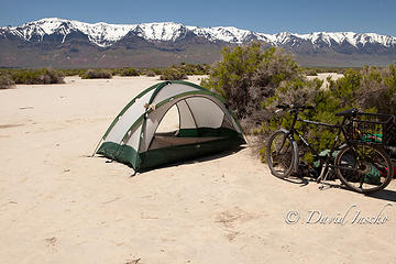 Camp at playa's edge.  Steens Mtn. in background.