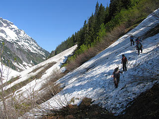 Crossing one of many snowfields above Ruthh Creek