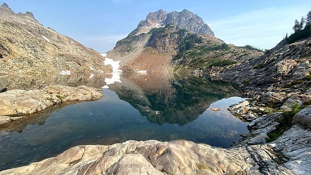 Foggy Lake with Del Campo Peak in the background and reflection. The summit is a mere 1400 vertical feet away!
