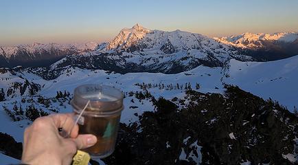 Sunset summit tea (with much of our approach route running along Ptarmigan Ridge below Shuksan)