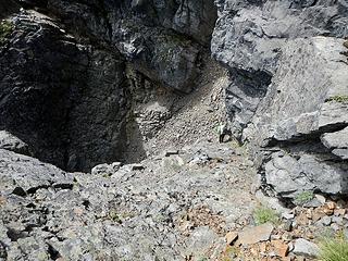 access ledges and the rotten gully between the main peak and the rock divider in the cleft