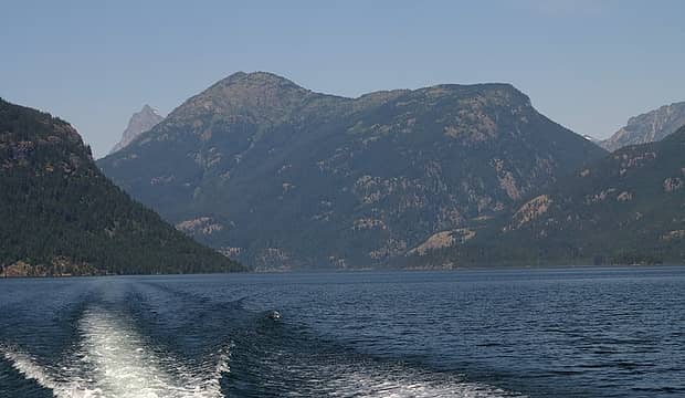Desolation Peak and a corner of Hozomeen from the Ross Lake water taxi (Lightning Camp is the forested shoreline right in the center of the photo)