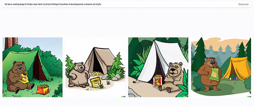 fat bear eating bag of chips near tent, human hiding in bushes in background, cartoon art style