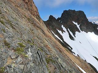 The "ledge" to traverse from the west ridge proper into a shallow gully