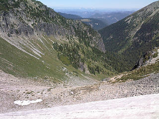 looking down the snowfield just before attaining Skyscraper Pass