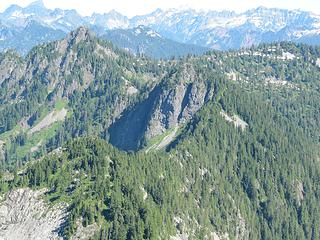 View from Pt. 4,973 NE. Snowslide Peak on left. Lake is hidden behind middle peak.