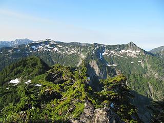 From Snowslide Peak. Ragged Ridge on left. Pt. 4,973 in middle. Pt. 5,137 on right.