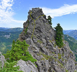 Bessemer summit block. It's possible to go either right or left to avoid the overhanging top block. Both have exposure, but left is easier.