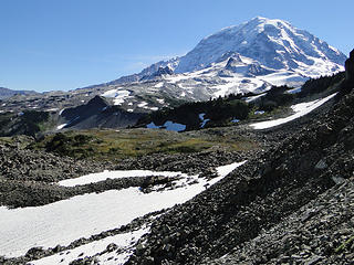 Rainier from trail heading down from Knapsack Pass.