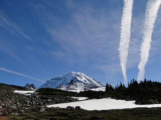 Rainier and contrails from lunch spot off Spray Park trail.