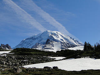 Rainier and contrails from lunch spot near Spray Park trail.