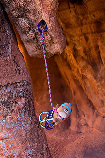 Mukmuk honing his rope skills after his experiences in Peek-a-boo Canyon.
