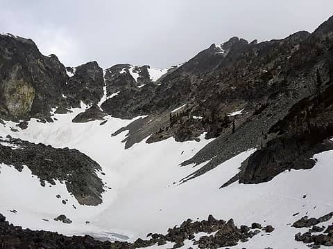 Snow showers movin in, upper basin where i got off the snow too early(climbers right)