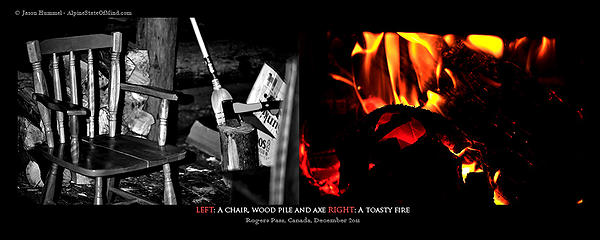 Left: Chair, wood pile and axe Right: A toasty fire