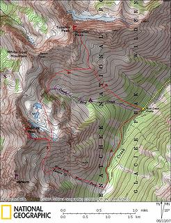 Tupshin & Devore summit map.  Red line is our route.  Purple line is standard route up Bird Creek.