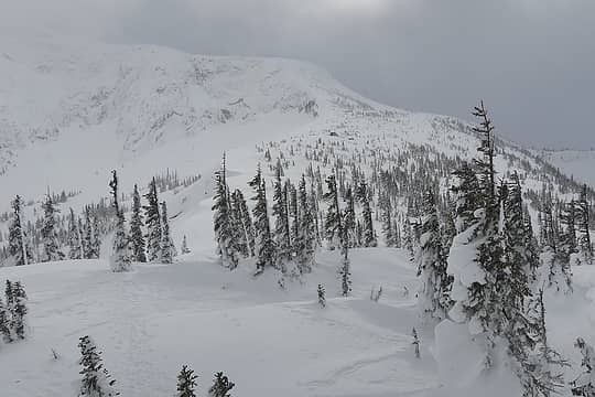 Windblown crest of Point 5860, as shown by the cornices and asymmetrical trees.